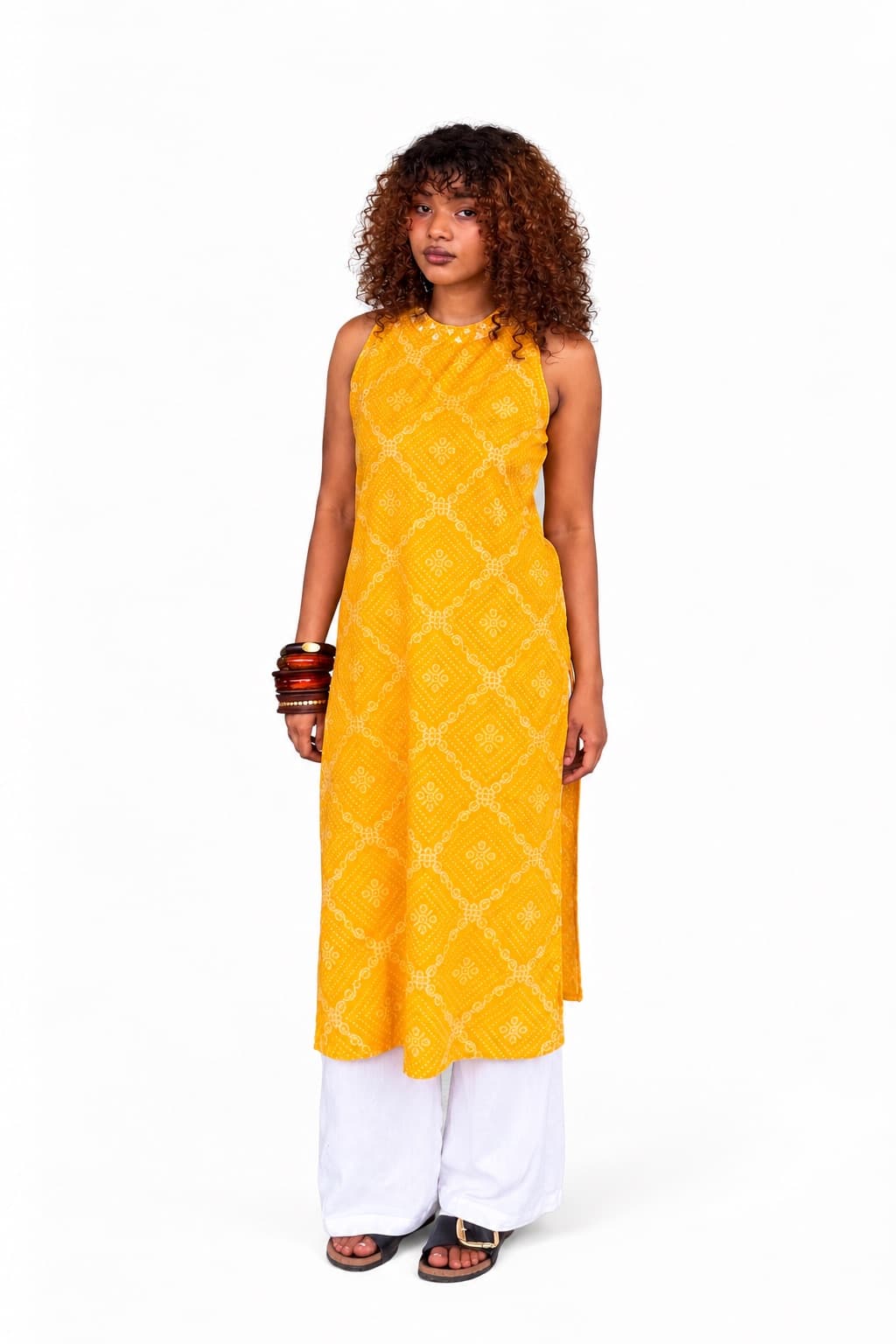 Mustard Yellow Neck embroidered Cord Set — 2