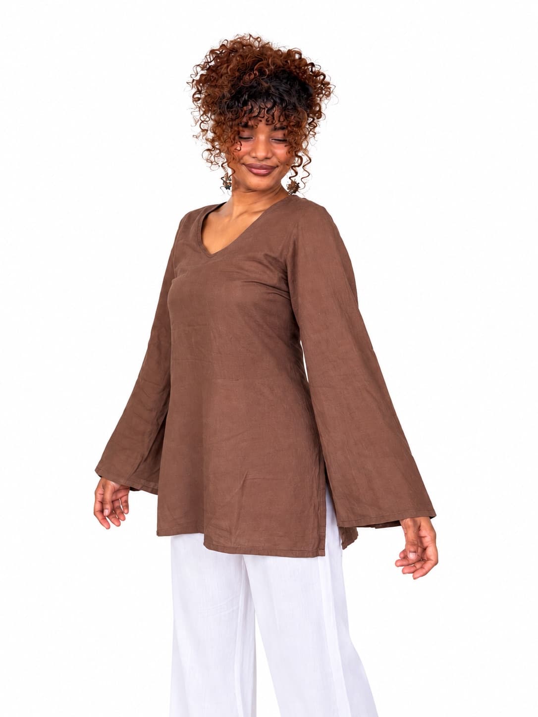 Chocolate Brown V neck Cotton Short Kurti — 2