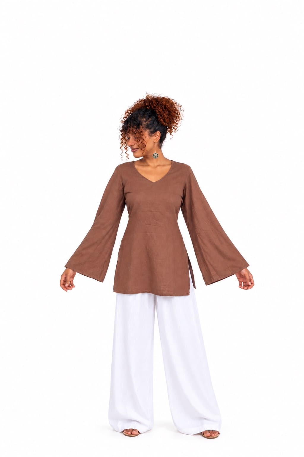 Chocolate Brown V neck Cotton Short Kurti — 1