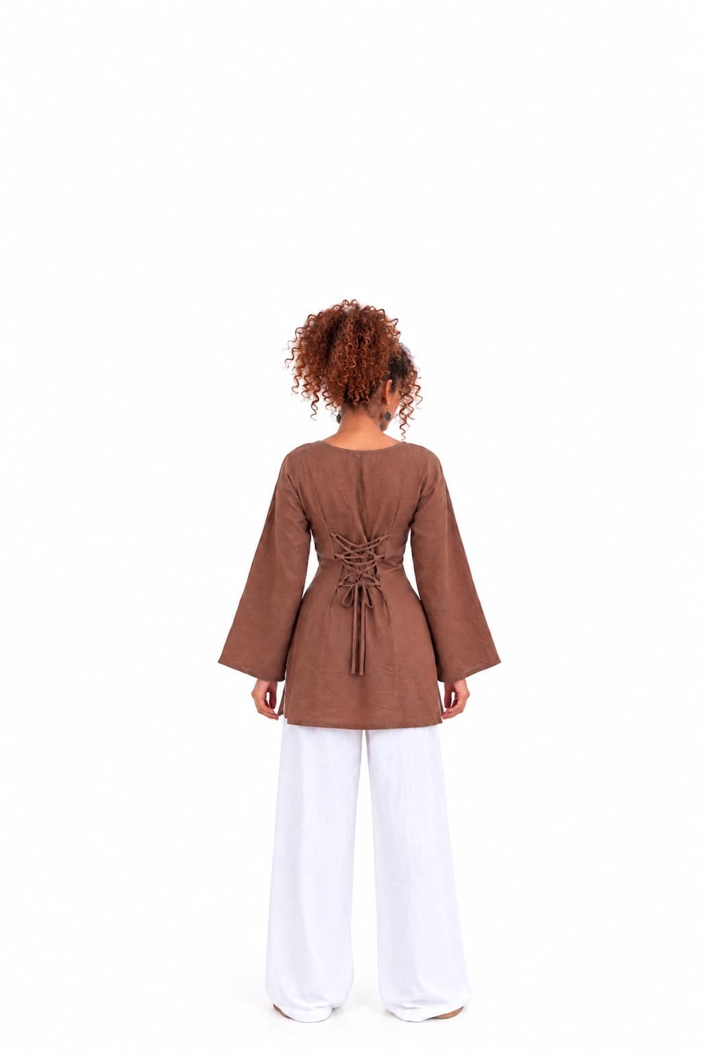 Chocolate Brown V neck Cotton Short Kurti — 3