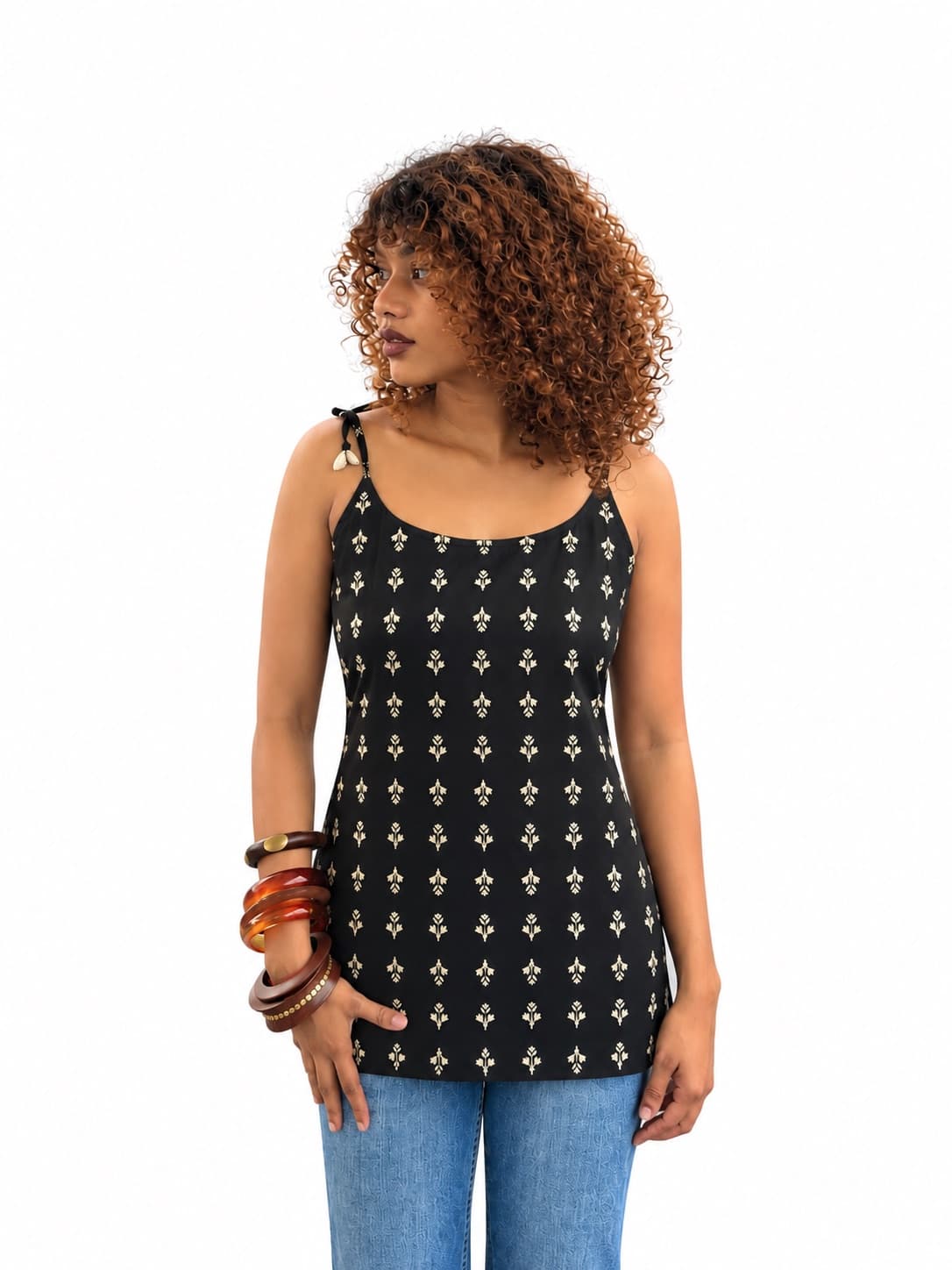 Black Printed Sleeveless Cotton Short  Kurti — 1