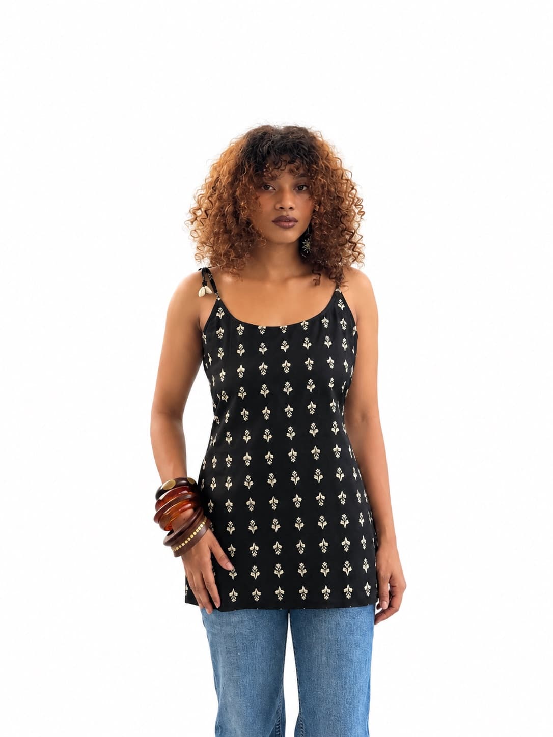 Black Printed Sleeveless Cotton Short  Kurti — 2